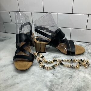 CHAPS clunky, heel, black strappy sandals cushioned soles.